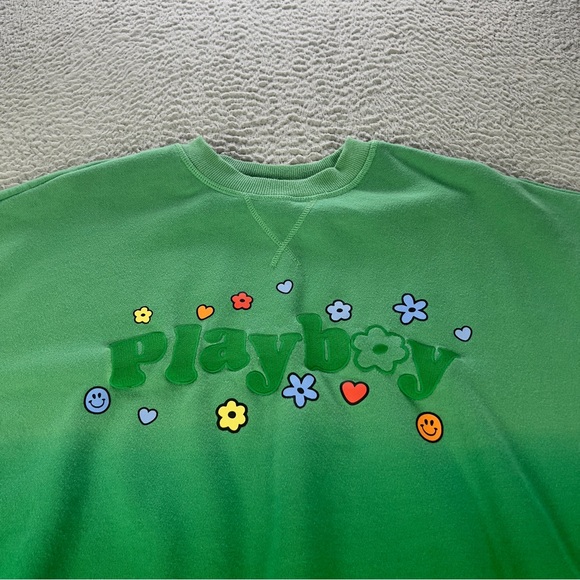 Playboy By Pacsun Sweatshirt Womens Small Green Crew Neck Embroidered Floral Y2K - Picture 3 of 9